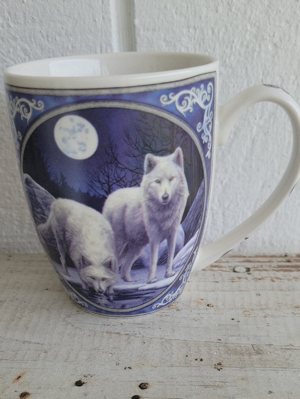 Wolf Mug with Blue Moonlit Wolf Design Lisa Parker England